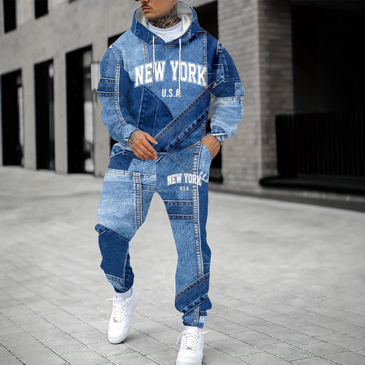Casual Men's Hoodie Sweatpants Set Denim Effect Sporty Long Trousers Streetwear Autumn Collection Polyester Cotton Blend